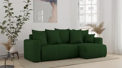 Zdjęcie produktu dla Narożnik z funkcją spania i podstawą łóżka DENVER - w kształcie litery L w stylowym zielonym kolorze POSO Ottoman po prawej stronie