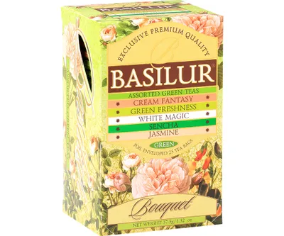 Zdjęcie produktu dla Basilur GREEN TEA BOUQUET ASSORTED herbata zielona ZESTAW różne smaki w kopertach saszetkach - 25x1,5g