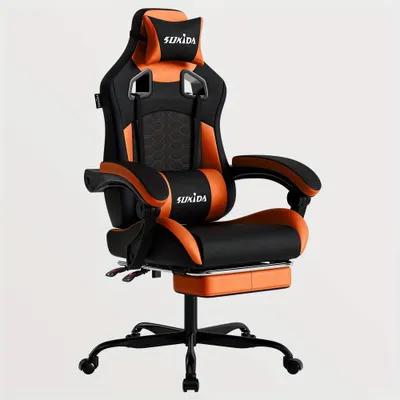 Obrázok produktu pre Ergonomická herná stolička s opierkou nôh a bedrovou opierkou, v čierno-oranžovej farbe
