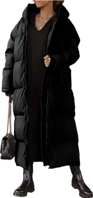 Produktbild von ASKSA Damen Wintermantel Lange Puffer Daunenjacke Gesteppter Mantel Kapuze Oberbekleidung, Schwarz, L
