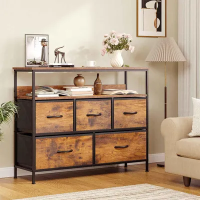 Imagen del producto de Cómoda Zimilo con 5 cajones de tela y estante abierto, mueble bajo para televisión de estilo industrial, aparador vintage para salón, pasillo y dormitorio, color marrón
