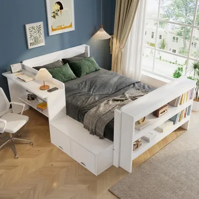 Zdjęcie produktu dla Łóżko z drewna o wymiarach 120x200 cm z biurkiem i miejscem do przechowywania, funkcjonalne łóżko w kolorze białym, wyposażone w składaną półkę, otwartą półkę na nogach oraz moduł boczny, który można zamontować po lewej lub prawej stronie