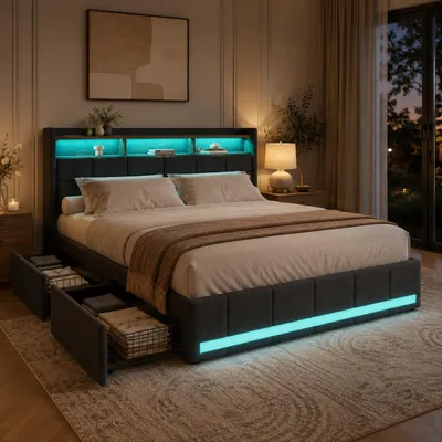 Produktbild von POLSTERBETT 180x200 cm mit 4 Stauraumschubladen, Stauraum-Kopfteil, RGB LED, Steckdose USB & Type-C, Leinen Bettgestell