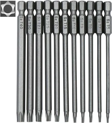 Obrázek produktu pro Sada 11 dlouhých otvorů Torx pro elektrické pohony a elektrické hledí – magnetické otvory – 1/4" šestihranné – velikost T6 až T40 – délka 100 mm