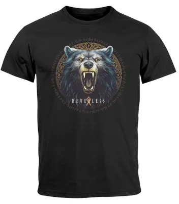 Produktbild von Herren T-Shirt Aufdruck Bär Berserker Wikinger Nordmänner Mythologie Runen Printshirt Neverless® schwarz XS