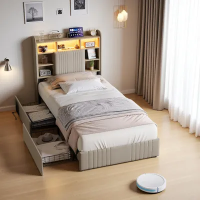 Zdjęcie produktu dla Łóżko tapicerowane ProximaX 90 x 200 cm, beżowe, wygląd lnu, z 2 szufladami do przechowywania i portem USB do ładowania, funkcjonalne łóżko do pokoju młodzieżowego i pokoju gościnnego
