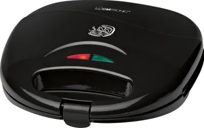 A black Clatronic sandwich maker is shown from a front-side, slightly elevated angle against a white background.