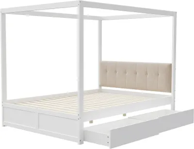 Produktbild von MODFU Klassische Betten Holzbett Jugendbett 140x200cm Himmelbett Kinderbett mit großen Schubladen und weicher Rückenlehne, weiß(Ohne Matratze)