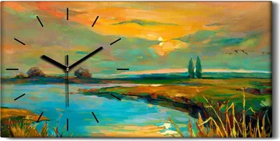 Produktbild von Wanduhr Leinwand Bild Uhr Geräuschlos Kunstdruck 60x30 Sonnenuntergang See - schwarze Hände