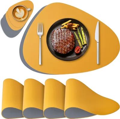 Produktbild von 4er Set Platzset Tischsets und Untersetzer aus Leder Grau-Gelb, Rutschfeste Unterseite, abwaschbare runde doppelseitige