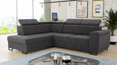 Produktbild von Ecksofa Natan mit Schlaffunktion und einstellbare Kopfstützen - Wohnlandschaft mit Metallfüßen, Couchgarnitur, Bettkasten, Sofa (Ecksofa Links, Dunkelgrau (Kronos 22))