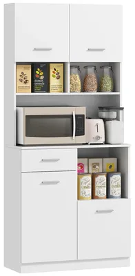 Obrázok produktu pre Skrinka do kuchyne – Komoda – Úložná skrinka – Kuchynský nábytok – Skrinka na mikrovlnnú rúru – Biely MDF materiál – Dvere s tichým dovieraním