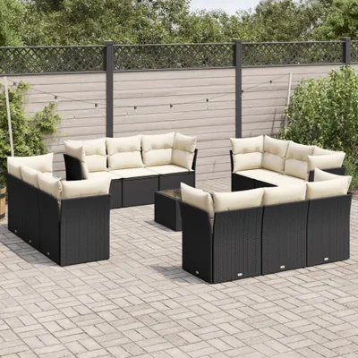 Produktbild von Design 13-tlg. Garten-Sofagarnitur mit Kissen Schwarz Poly Rattan, Gartenmöbel-Sets 2024 Neu