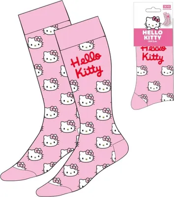 A pair of pink Hello Kitty socks with the character's face printed all over them, shown next to their packaging.