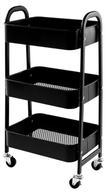 Produktbild von Servierwagen mit Rollen aus Metall, 3 Etagen, Küchenwagen, Aufbewahrungswagen für Wohnzimmer, Schlafzimmer, Badezimmer und Büro, Schwarz