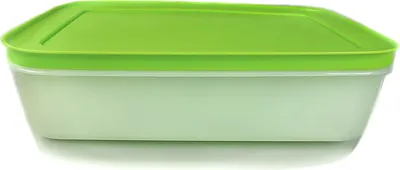 A white background with a green and white food storage container.