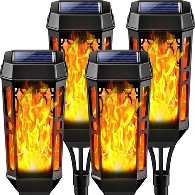 Obrázek produktu pro Zahradní osvětlení na solární energii, 4 sady po 12 LED světlech s blikajícím plamenem, zahradní pochodně, dekorativní venkovní osvětlení, venkovní lucerny s krytím IP65, vhodné na terasy, chodníky, trávníky a do zahrad.