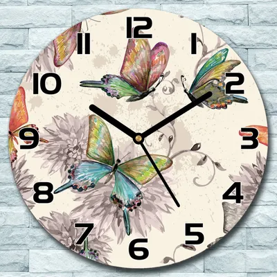 Produktbild von Wanduhr aus Glas Rund fi 30 Schmetterling Blumen Quarz Deko Wohnzimmer Büro