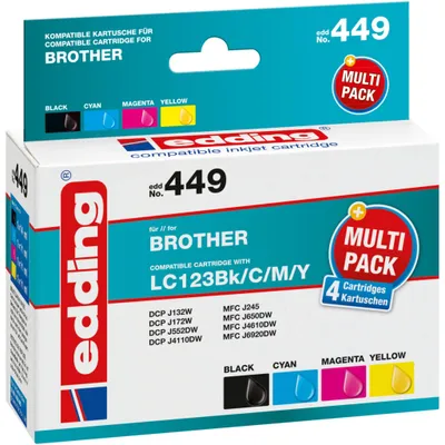 Produktbild von Edding EDD-449 Tintenpatronen Multipack, schwarz, cyan, magenta, yellow kompatibel zu Brother LC123BK/X/M/Y, Schwarz, Cyan, Magenta, Gelb, 18 ml, 10,5 ml, 4 Stück(e), 705 Seiten, Multipack