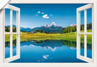 Produktbild von ARTland Poster Fensterblick Alpen und Bergsee Größe: 70x50 cm