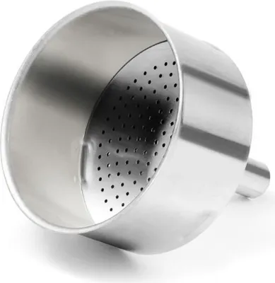 A close-up, angled view of a silver metal funnel with many small holes on its lower surface.