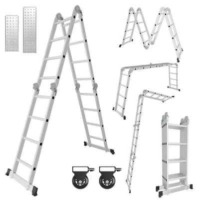Obrázek produktu pro Vigevee univerzální hliníková žebřík 7v1, 4x4 stupně, výška cca 470 cm / 4,7 m, skládací a kloubová žebřík s 2 platformami a transportními kolečky, maximální nosnost 150 kg