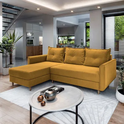 Produktbild von Masseno Ecksofa PISAN R-S mit Schlaffunktion L-Form, Sofa mit Bettkasten, Wohnzimmersofa, Couch, Soffa, Bettsofa, Couchgarnitur- Gelb, KRONOS 01
