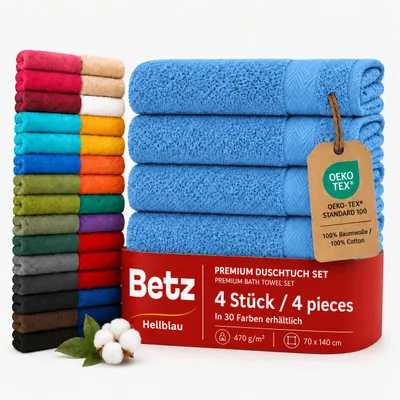 Produktbild von Betz 4 Stück Duschtücher 70 x 140 cm PREMIUM 100% Baumwolle Liegetuch Strandtuch Farbe: hellblau, KI-generiertes Bild