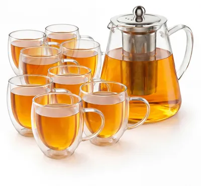 Produktbild von Arendo Teekanne 1,2 l, Edelstahlsieb und 8 Thermogläsern 350 ml, doppelwandige Gläser mit Henkel, aus Borosilikatglas, Glaskanne, 10 Teile, transparent und silberfarben