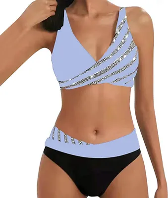 Image de ASKSA Ensemble Bikini Femme Push Up Deux Pièces Rayé Taille Haute Maillot de Bain Sport, Bleu Ciel, XL