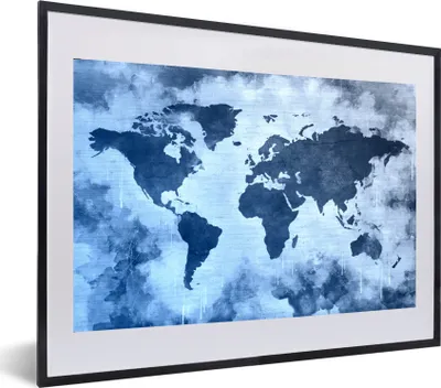 Produktbild von MuchoWow® MuchoWow® Gerahmtes Poster Weltkarte - Farbe - Blau 60x40 cm - Poster mit zchwarzem Bilderrahmen - Schlafzimmer - Plakat in Rahmen - Drucken