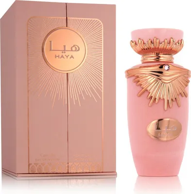 A perfume bottle and its packaging are displayed against a white background.