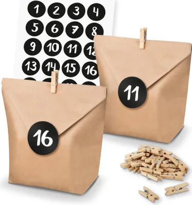 Produktbild von itenga SET Adventskalender 24x Tüten + Klammern + Zahlensticker (Z30)
