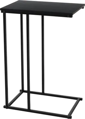 A black side table with an MDF top and a metal frame.