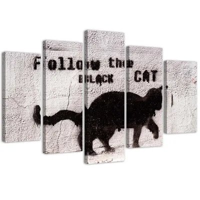 Produktbild von 5-teiliges leinwandbild schwarze katze 150x100 cm Feeby grau wandbild bereit zum aufhängen