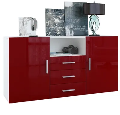 Produktbild von Vladon Sideboard Skadu, Kommode mit 2 Türen, 3 Schubladen und 1 offenem Fach, Weiß matt/Bordeaux Hochglanz (138,5 x 71,5 x 35 cm)