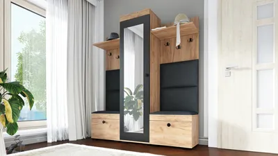 Produktbild von Flurgarderobe DUO-2, Spiegel, Garderobenschrank, 2 Schuhschränke, 6 Kleiderhaken, 2 Hutablagen - Goldene Eiche