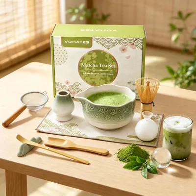 Produktbild von VONATES 9-tlg. Matcha Set mit Schale, Bambusbesen, Besenhalter, Matcha Löffel, Sieb, Tuch & Eisform, Teezeremonie Geschenk (Grün Farbverlauf)