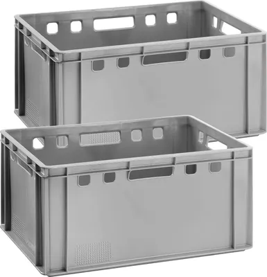 Two gray plastic storage crates are stacked on a white background.