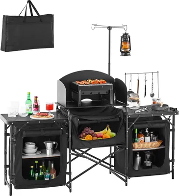 Produktbild von VEVOR Camping Küchentisch Outdoor Kochtisch, tragbare Kochstation aus Aluminium mit 3 Lagerschränken& Tragetasche, & abnehmbarer Windschutzscheibe, für Grillpartys Picknicks Wohnmobilreisen schwarz