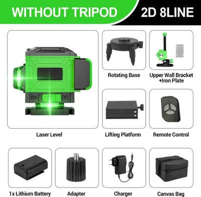 Obrázok produktu pre Zelený laserový nivelačný prístroj – 4D krížový laser s 8 lúčmi – samonivelačný v rozsahu 360° – horizontálne a vertikálne – taška na prenášanie
