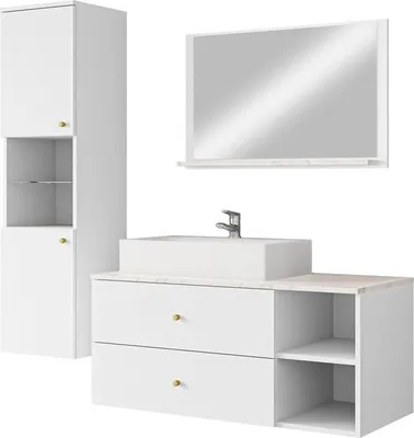 Produktbild von MIRJAN24 Badmöbel Kertos II, 4er-Set Badmöbel-Set, Spiegel, Waschbeckenschrank, Waschbecken, Aluminiumgriffe, Spihon (Farbe: Weiß / Weiß + Marmor Bianco)
