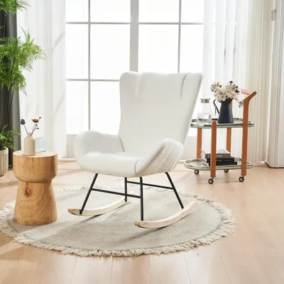 Obrázek produktu pro Houpací křeslo - Pohodlné křeslo - Křeslo do obývacího pokoje - Bílé křeslo s plyšovým potahem a ergonomickou opěrkou - Robustní konstrukce z umělého dřeva