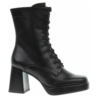A black lace-up boot with a platform and block heel, shown from the side against a white background.