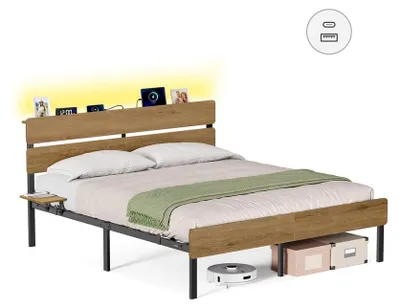 Obrázek produktu pro Rám postele pro dvojlůžko s osvětlením, rozměry 160x200 cm, barva přírodní hnědá, celkové rozměry 167x215x100,3 cm