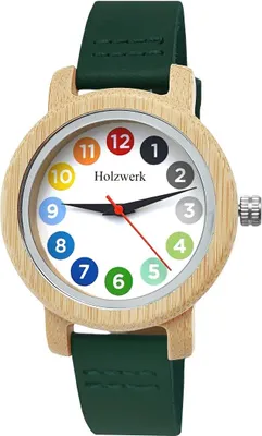 Produktbild von Holzwerk LIL RAINBOW GREEN bunte kleine Kinder Leder & Holz Uhr in grün, weiß