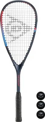 A squash racket and three squash balls are displayed against a white background.