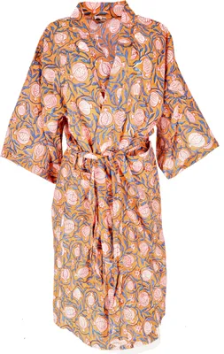 Produktbild von Kimono im Japan Style, Handbedruckter Oversize Baumwoll Kimono Mantel, Kimonokleid - Mango, Damen, Orange, Baumwolle, Größe: L/XL