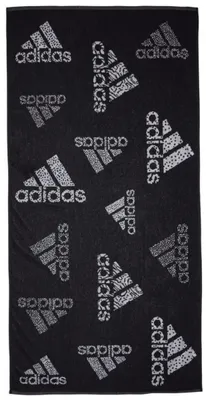 A black towel with multiple white Adidas logos scattered across it.