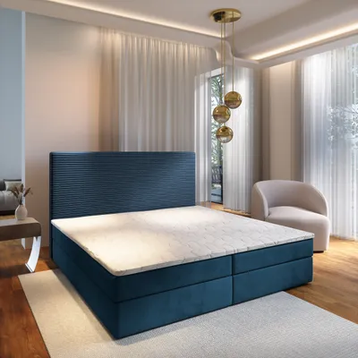 Produktbild von Masseno Boxspringbett GIARRO 180x200 cm Komplett-Set mit Bonell Matratze und Topper, Polsterbett mit Bettkästen -Blau, POSO 05 + KRONOS 05
